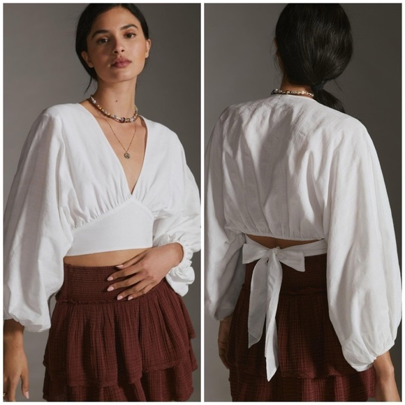 NWT DOLAN V-NECK BLOUSE XXS puff long sleeve white crop top - Picture 1 of 4